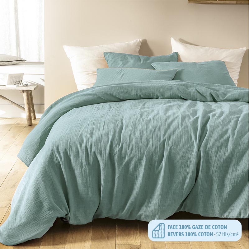 Housse De Couette En Gaze De Coton Idylle Vert Celadon 200x200cm L